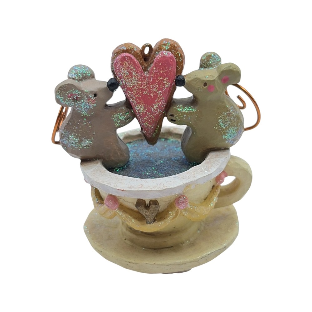 Vintage Kurt S Adler Mice in Yellow Teacup Christmas Ornament Cookie Heart